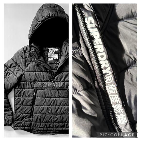 SUPERDRY Womens Sz 12 Pullover Puffer Jacket with Hood Black 1/4 Zip UK 16 EU 44 - Picture 12 of 12